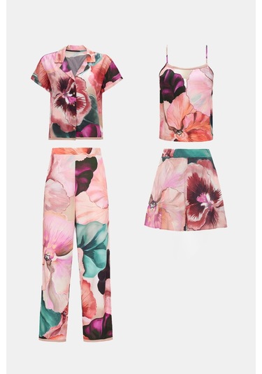 Paradise Sklamen 4'lü Dokuma Viskon Önden Düğmeli Pijama Takım Seti Desenli