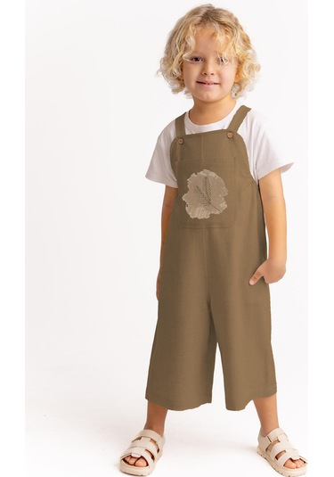 Unisex Tüğ Nakışlı Keten Salopet Caramel Caramel Kahverengi