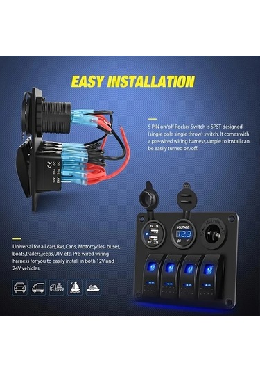 Motion003 Mavi Alüminyum Alaşımlı 4 Konumlu Şalter Paneli Ön Tesisatlı Çift Usb Girişli Gerilim Göstergeli 36v Kamyonet Karavan Tekne Yat