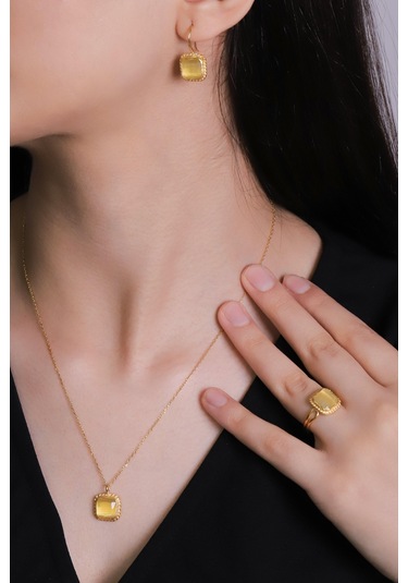 Beyisa Güneş Taşı Serisi Sarma Kare Kesim Sarı Renkli 22 Ayar Altın Kaplama Kadın Set