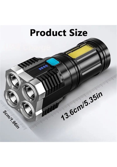 Teltree Dört Led Işık Ve Cob Yan Lambalı Usb Şarjlı El Feneri, Yüksek Parlaklık, 4 Seviye Aydınlatma, Outdoor Ve Ev Kullanıma Uygun Siyah