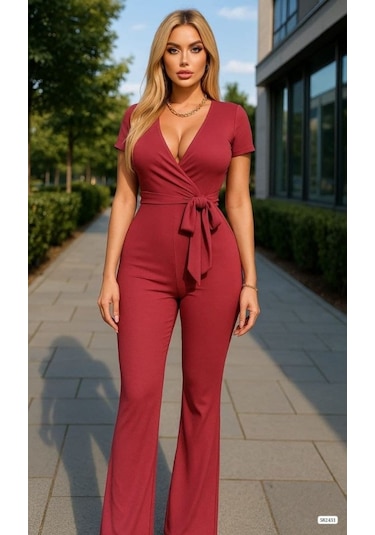 Modasize Kadın Kruvaze Yaka Kısa Kollu Kuşaklı Tulum Kırmızı