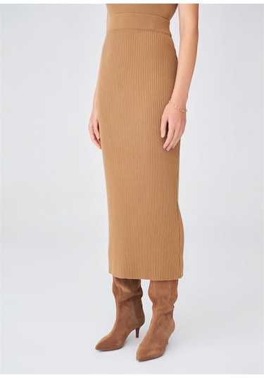 Peraluna Örgülü Kaşmir Karışımlı Kalem Kadın Triko Etek Camel