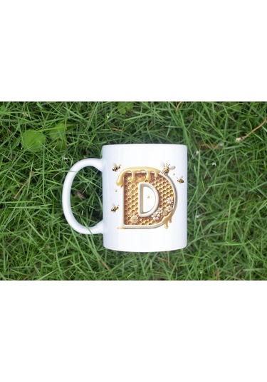 D Harfi Bal Arısı Tasarım Kupa Bardak - Bal Ve Petek Desenli Kişiye Özel Kahve Kupası - Hediyelik Beyaz