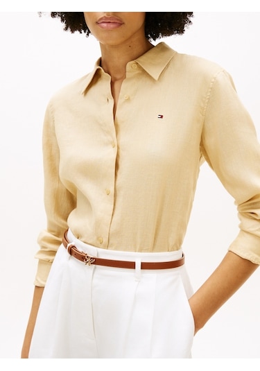 Tommy Hilfiger Ess Lınen Relaxed Shırt Kadın Bej Uk Gömlek - Ww0ww44679