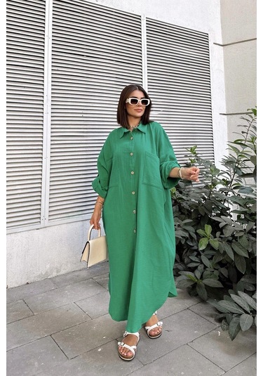Kadın Yeşil Muslin Kumaş, Yarasa Kol, Eteği Oval, Çift Cepli, Uzun Oversize Salaş Gömlek Elbise Yeşil