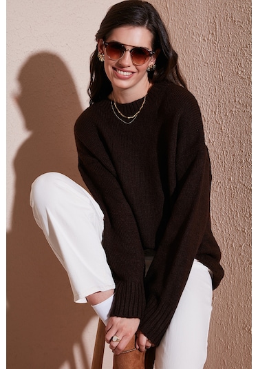 Lela Regular Fit Bisiklet Yaka Basic Triko Bayan Kazak 4616213 Kahve