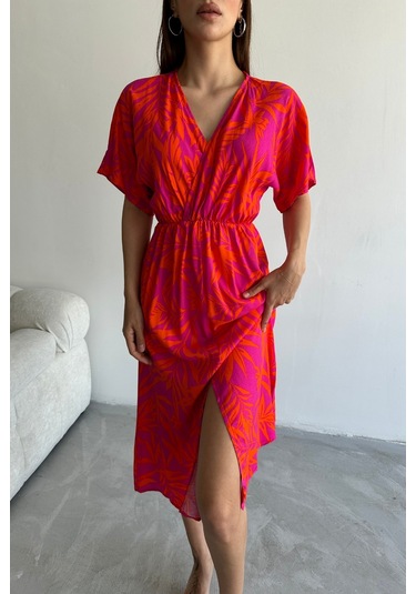 Kadın Kırmızı Derin V Yaka Yazlık Uzun Önden Yırtmaçlı Viskon Elbise