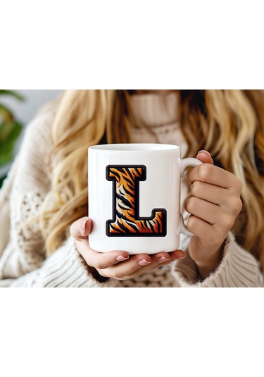 L Harfi Kaplan Figürlü Nakış Desenli Kupa Bardak - Kişiye Özel Vahşi Hayvan Desenli Kupa - Hediye Beyaz