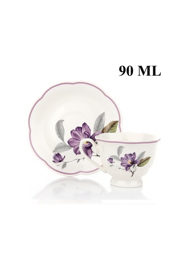 Türk Kahvesi Takımı 2 Kişilik Porselen Mor Çiçek Desenli 90 Ml Beyaz