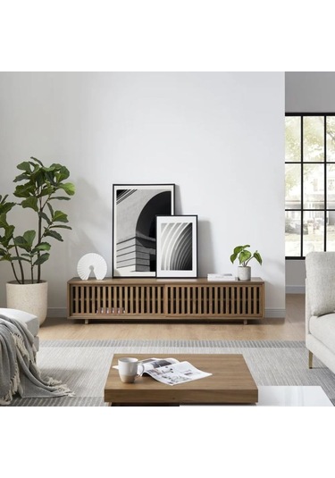 Linea Ahşap Modern Tv Ünitesi Sürgü Izgara Kapaklı Koyu Ceviz