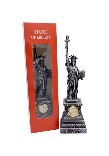 Metal Saatli Özgürlük Heykeli Gümüş Vintage Dekor Usa 25cm