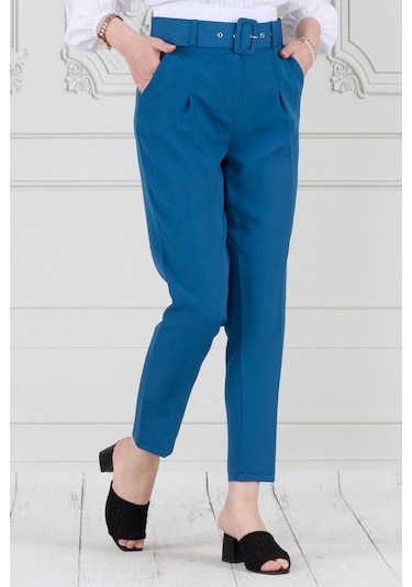 Sevitli Beli Kemerli Pileli Kalem Pantolon-mavi-3681-mavi Mavi