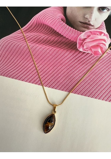 Oval Kahverengi Taşlı Kararmaz Çelik Kadın Gold Kolye Modern Ve Altın