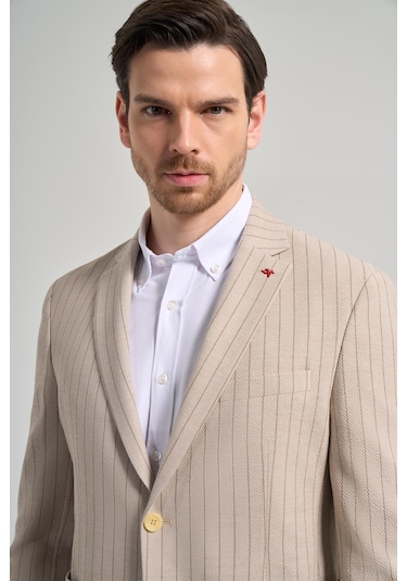 Çizgili Desen Gofreli Mono Yaka Esnek 6 Drop Slim Fit Ceket 1002250122 Koyu Bej