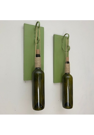 Led Işıklı Yeşil Ahşap Renkli Retro Şarap Şişesi Duvar Aplik 2'li Set Yeşil