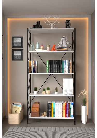 5 Raf Dekoratif 180 Cm Kitaplık Beyaz