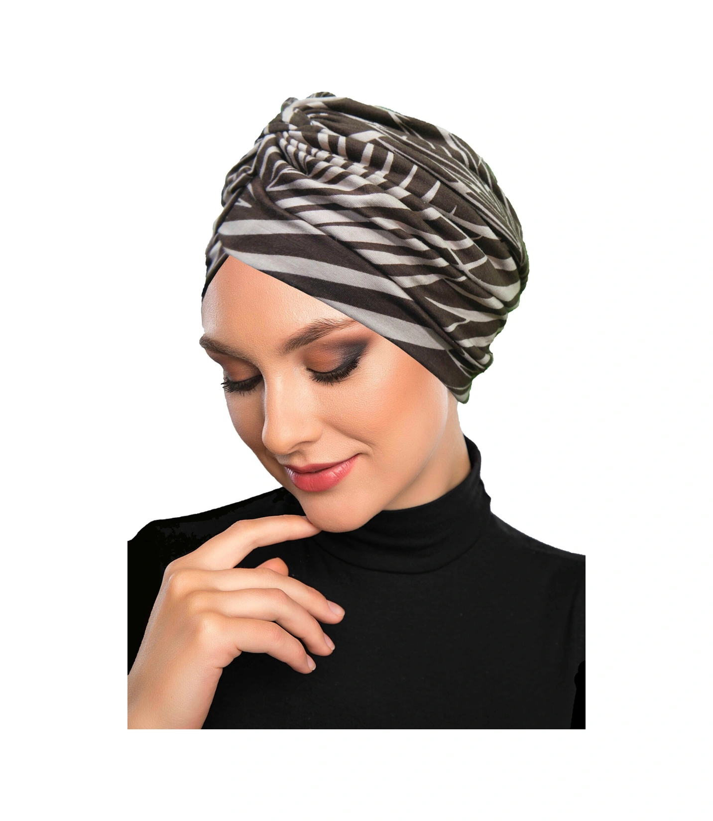Zebra Luxe Desenli Çapraz Ve Bant Detaylı Astarlı Hazır Türban Tesettür Havuz Bonesi Kahverengi-bej