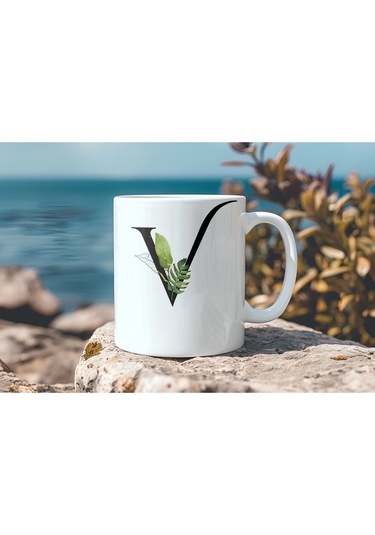 V Harf Zarif Yaprak Desenli Kupa Bardak - Naturel Sade Alfabe Harfli Bardak - Kişiye Özel Hediye Beyaz
