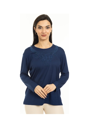 Kadın Orta Yaş Ve Üzeri Yeni Model Yuvarlak Yaka Likralı Anne Penye Bluz 30550-indigo