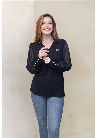 Kolları Şifon Düğme Detaylı Bluz Siyah
