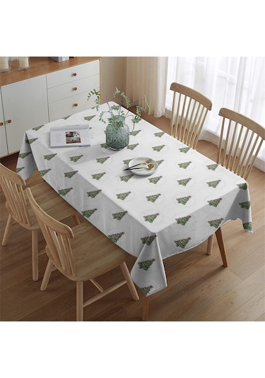 Noel Desenli Dikdörtgen Masa Örtüsü 60x84 İnç, Su Geçirmez Ve Leke Tutmaz Noel Ağacı Daire