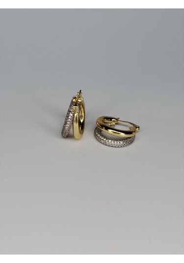 Çift Bantlı Zirkon Taşlı Altın Renk Halka Küpe Kadın Çelik Küpe Altın