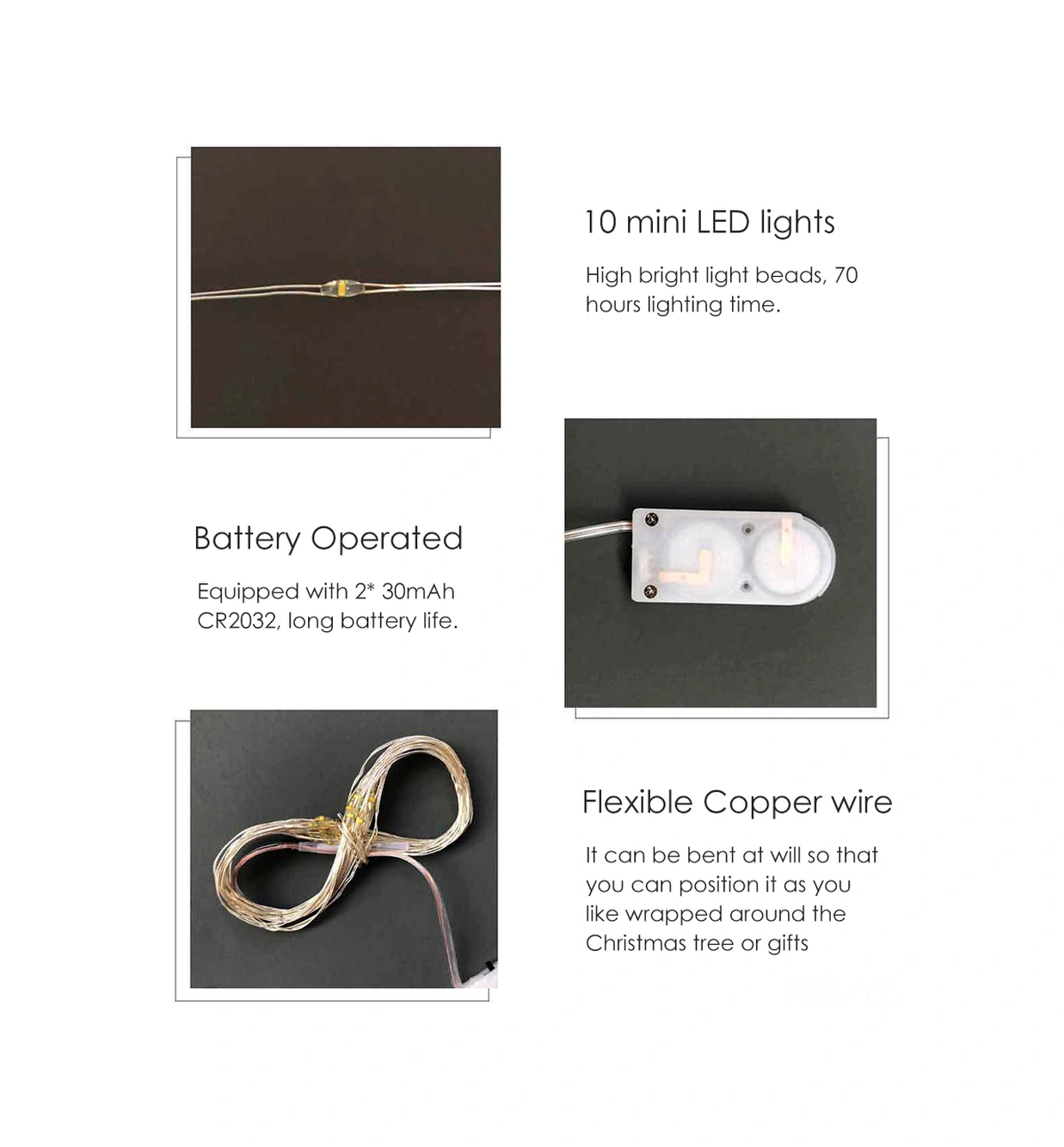 Yuntech01 Pil Çalışır 1m 10 Led Beyaz Bakır Tel Işık Zinciri - Noel, Partiler, Hediyelik Kutular, Pastalar İçin Dekoratif Aydınlatma Piller Dahil Beyaz