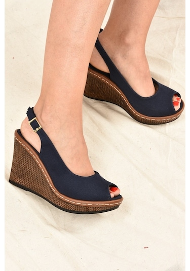 Fox Shoes Lacivert Keten Dolgu Topuklu Kadın Ayakkabı K674040705