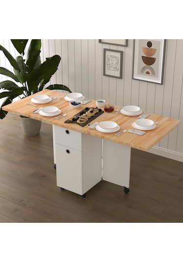 Masif Ahşap Tablalı Katlanır Masa Çalışma Yemek Mutfak Masası Çam