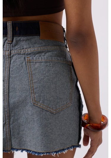 Ters Detay Denim Mini Etek Mavi