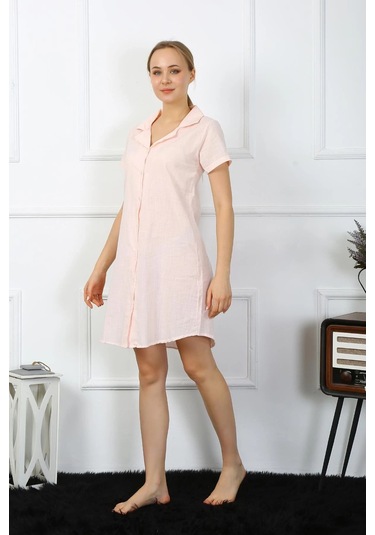 Giyim Kadın Pamuk Keten Kısa Kol Düğmeli Pudra Tunik Gecelik Pudra