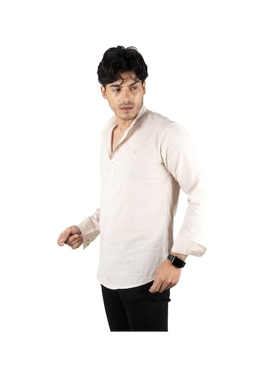 Deepsea Erkek Bej Yarım Düğme Keten Gömlek Bej