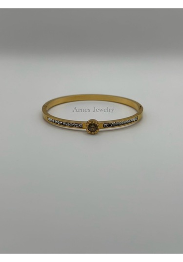 Arnes Jewelry Çelik Gold Zirkon Taşlı Kelepçe Bileklik Ar15 Gold