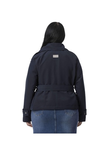 Büyük Beden Mono Yaka Kemerli Astarlı Kısa Lacivert Trençkot Lacivert