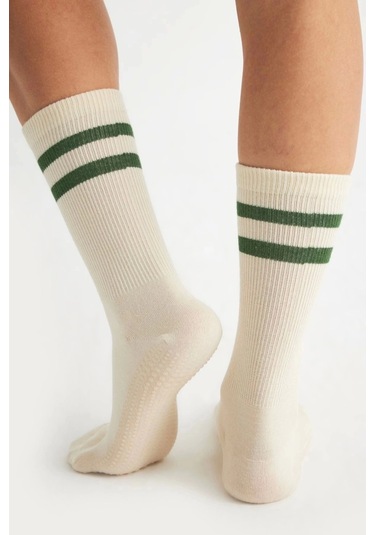 Bambu Kadın Ekru Kaydırmaz Taban Silikon Baskı Yoga Fitness Pilates Bale Dans Tenis Çorabı EKru