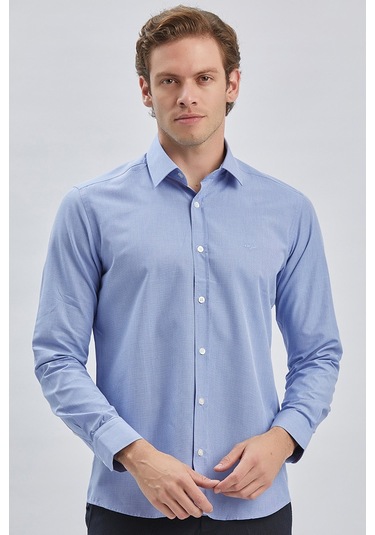 Mavi Uzun Kollu Bez Ayağı Sert Yaka Cepsiz Pamuklu Klasik Slim Fit Dar Kesim Gömlek 1004240230 Mavi