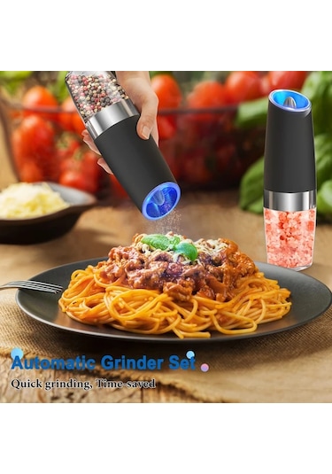 Honeybeeshop 2 Adet Siyah Yerçekimi Elektrikli Biber Ve Tuz Öğütücü Seti Led Işık Büyük Kapasiteli Otomatik Ahşap