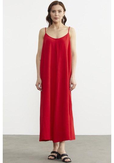 Ayarlanabilir Askılı Uzun Krep Elbise - Kırmızı 001