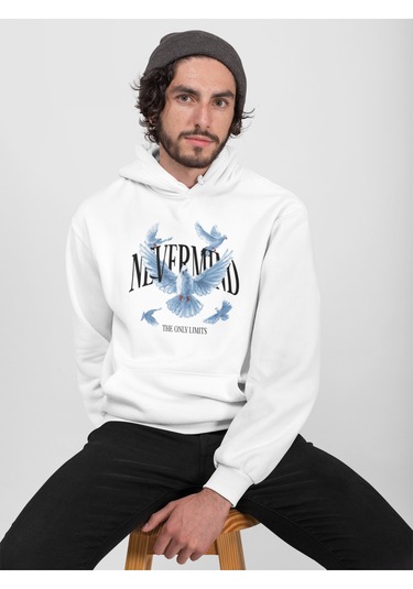 Bird Tasarımlı Kapüşonlu Sweatshirt – Unisex Oversize Hoodie Beyaz