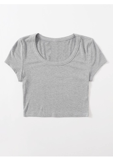 U Yaka Gri Renk Fitilli Kısa Kollu Regular Crop Top Bluz Gri