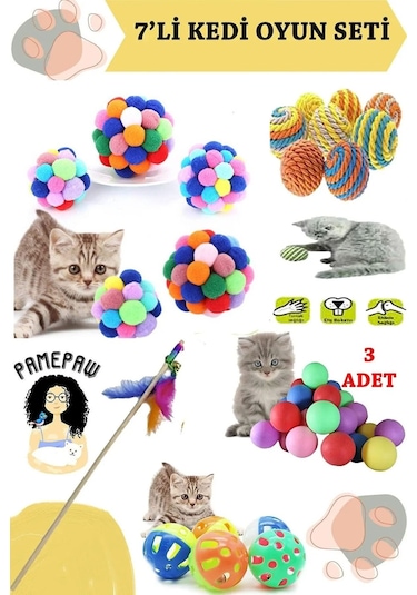 7'li Set : Xxl Kedi Ponpon Top, Sarma Top , Olta , 3'lü Mini Top , Çıngıraklı Top