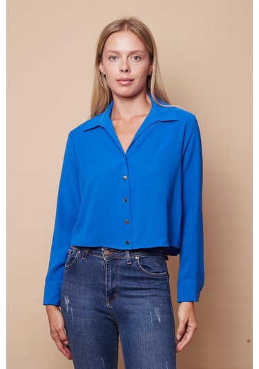 Kadın Likrasız Şık Kumaş Yakalı Uzun Kol Kısa Gömlek-Sax Sax