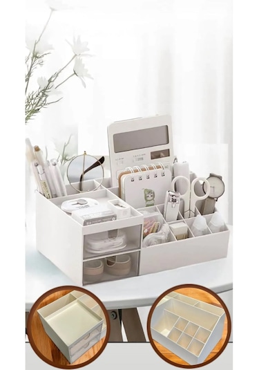 Office 2 Çekmeceli Masa Üstü Düzenleyici - Ofis Kalemlik Bölmeli Beyaz