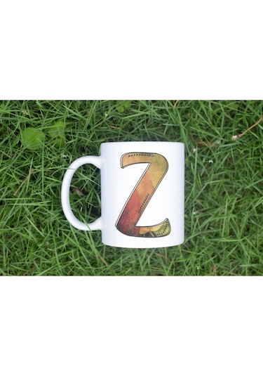 Z Harf Yaprak Renkleri İle Kupa Bardak - Kişiye Özel Alfabe Harfli Bardak - Hediye Beyaz