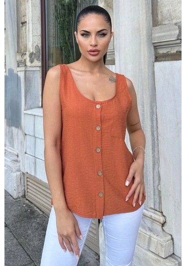 Kadın Kiremit Yuvarlak Yaka Ve Düğme Detaylı, Kalın Askılı Keten Atlet Bluz Kiremit