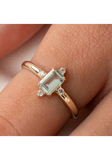 Gümüş Yüzük - Octagon Kesim Su Yeşili Taşlı 0.95 Karat Pırlanta Montürü 925 Ayar Gümüş Yüzük Sarı