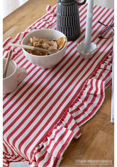 Kırmızı Çizgili 40x125 Cm Vintage Fırfırlı %100 Keten Pamuklu Amerikan Runner Bej
