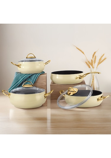 Lines L-5094-1 Yonca Güveç 7 Parça Tencere Seti - Krem Altın Kulp