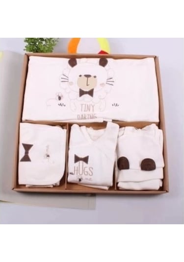 Ayıcık Desenli 10 Parça Kutulu %100 Pamuk Erkek Bebek Hastane Çıkışı Kahverengi